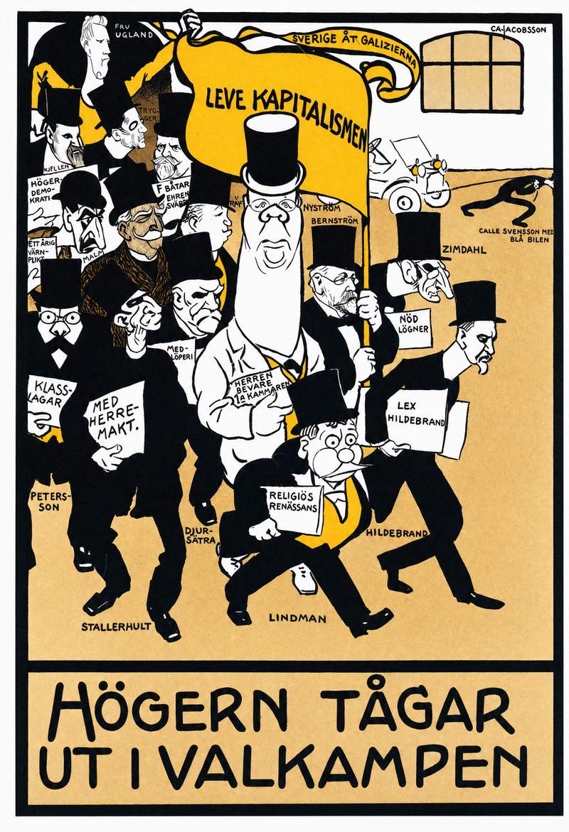 Valaffisch för Socialdemokraterna, 1911. ”Högern tågar ut i valkampen”. Av C. A. Jacobsson.