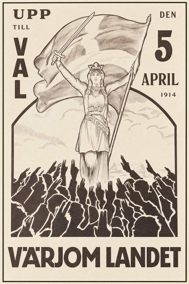 Valaffisch för Allmänna valmansförbundet, 1914. ”VÄRJOM LANDET”.