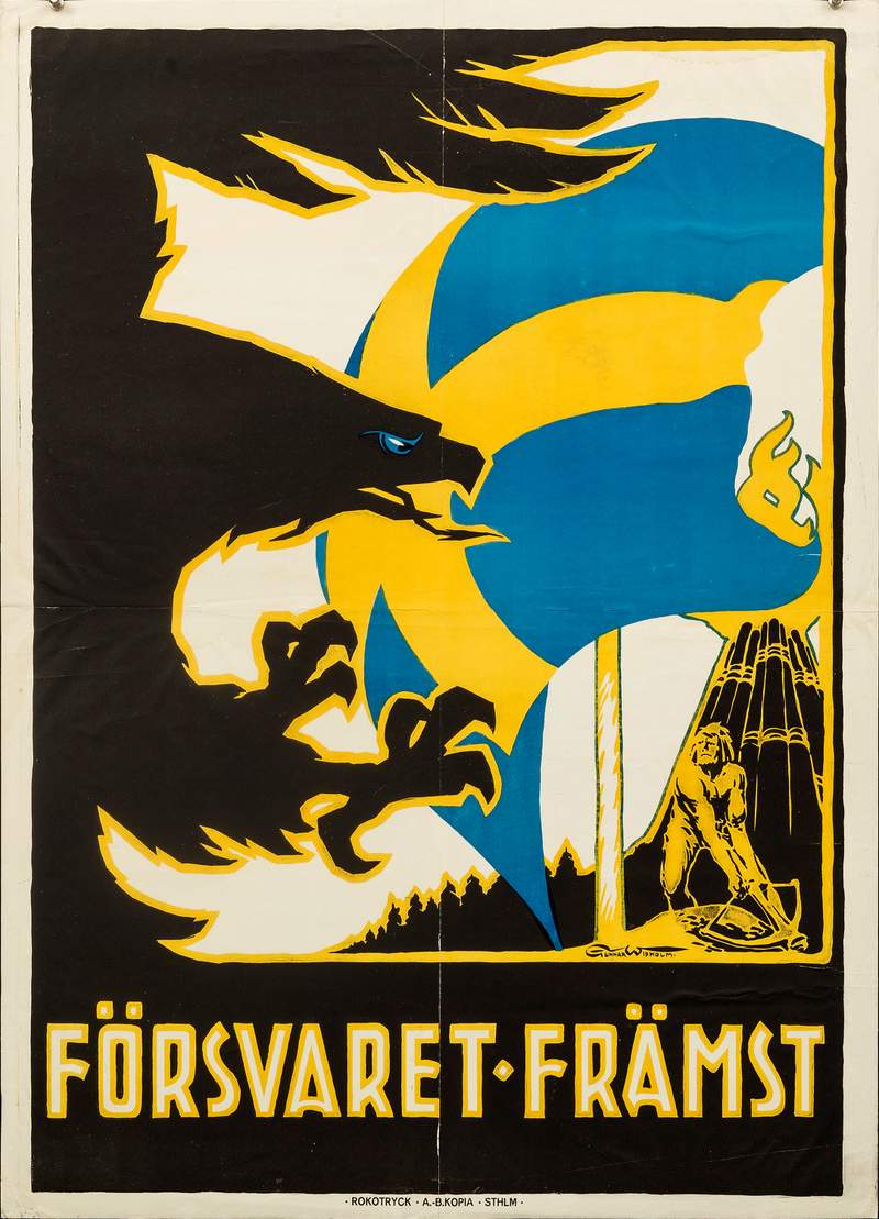 Valaffisch för Allmänna valmansförbundet, 1914. ”Försvaret Främst”. Av Gunnar Widholm.
