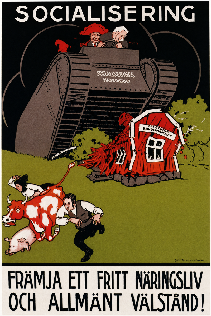 Valaffisch för Allmänna valmansförbundet, 1920. ”FRÄMJA ETT FRITT NÄRINGSLIV OCH ALLMÄNT VÄLSTÅND!”.