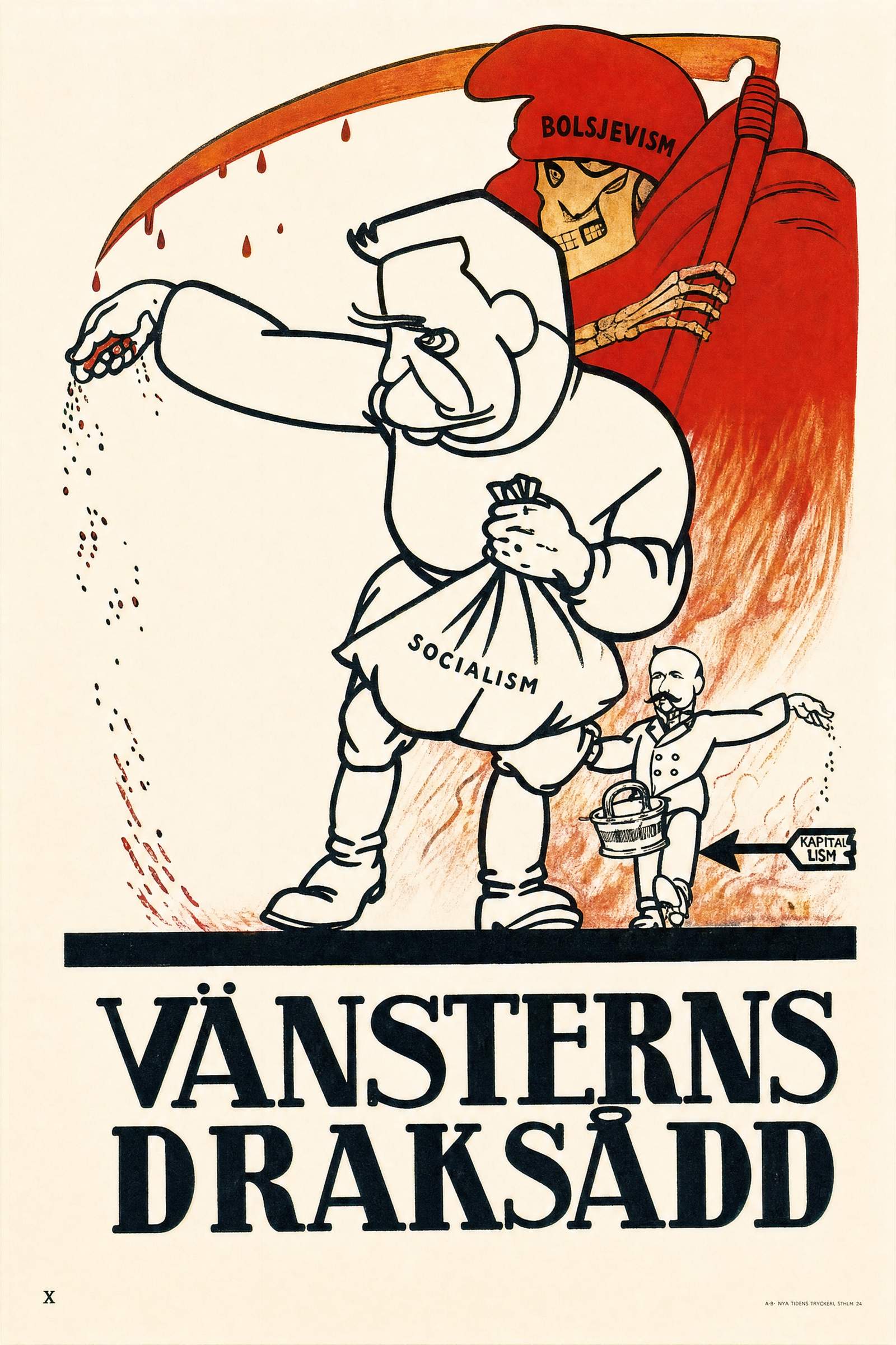 Valaffisch för Allmänna valmansförbundet, 1920. ”BOLSJEVISM\nSOCIALISM\nVÄNSTERNS DRAKSÅDD”.