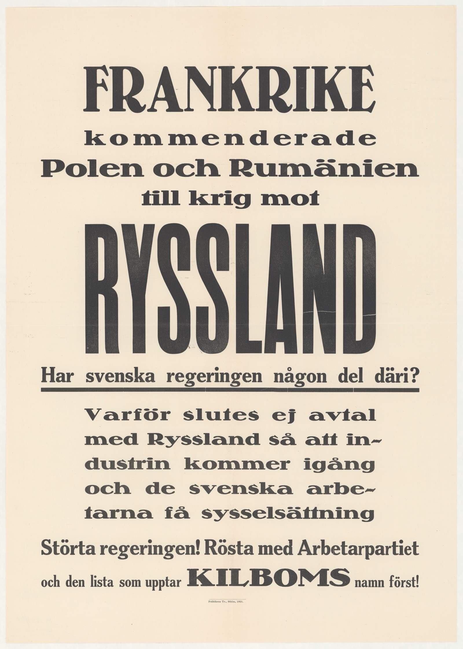 Valaffisch för Arbetarpartiet, 1921.