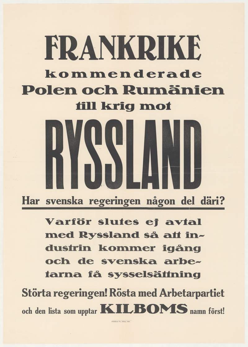 Valaffisch för Arbetarpartiet, 1921.