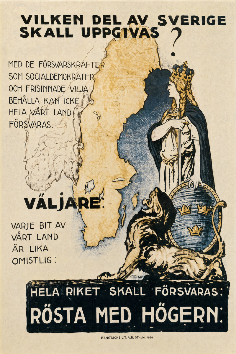 Valaffisch för Allmänna valmansförbundet, 1924. ”Vilken del av Sverige skall uppgivas?”. Av Gunnar Widholm.