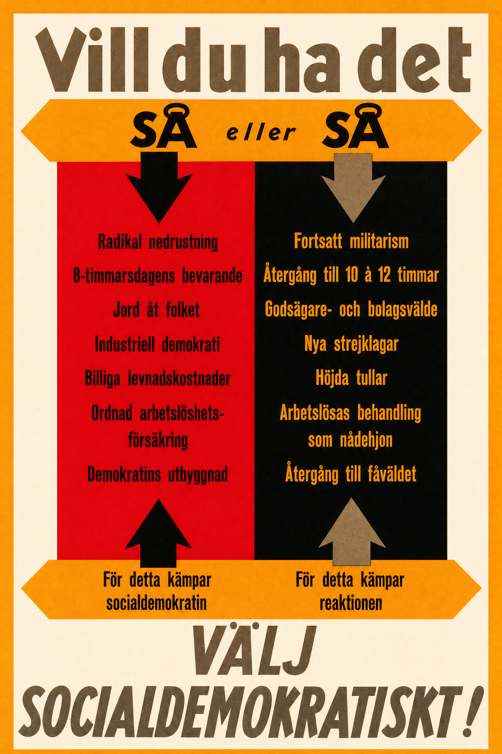 Valaffisch för Socialdemokraterna, 1924. ”Vill du ha det SÅ eller SÅ”.
