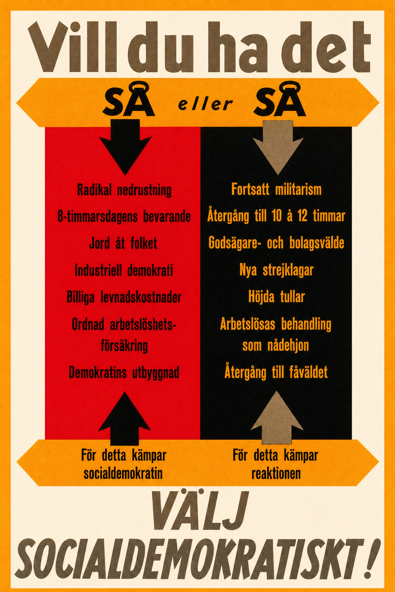 Valaffisch för Socialdemokraterna, 1924. ”Vill du ha det SÅ eller SÅ”.