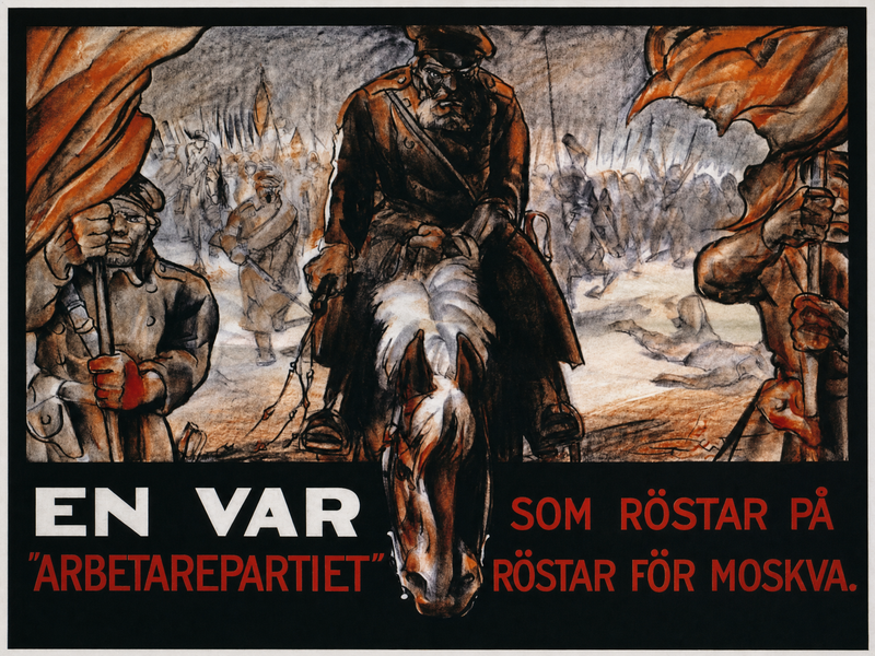 Valaffisch för Allmänna valmansförbundet, 1928. ”En var som röstar på "Arbetarepartiet" röstar för Moskva.”.