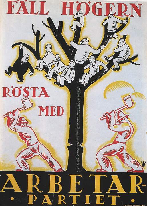 Valaffisch för Socialdemokraterna, 1928. ”Fäll Högern – Rösta med Arbetarpartiet”.