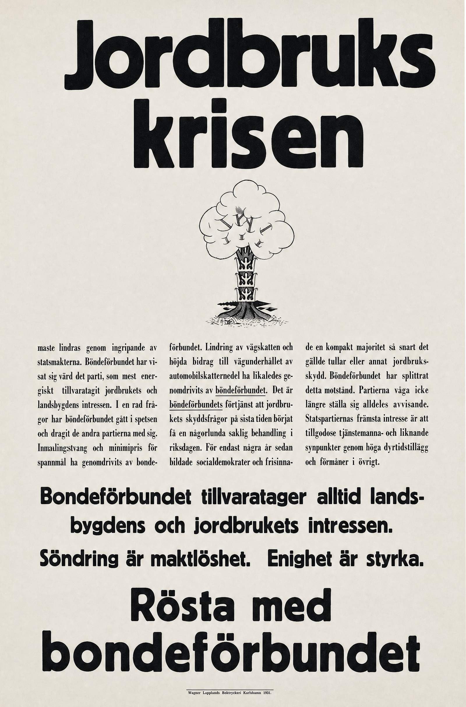 Valaffisch för Bondeförbundet, 1932.