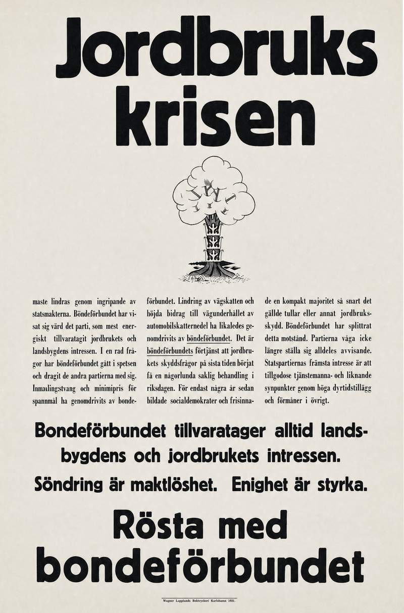 Valaffisch för Bondeförbundet, 1932.