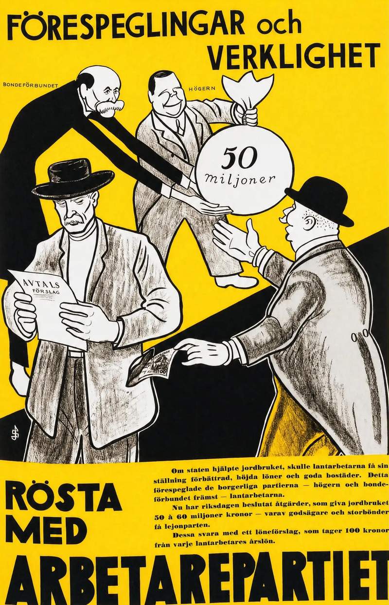 Valaffisch för Socialdemokraterna, 1932. ”Förespeglingar och verklighet”. Av Ivar Starkenberg.