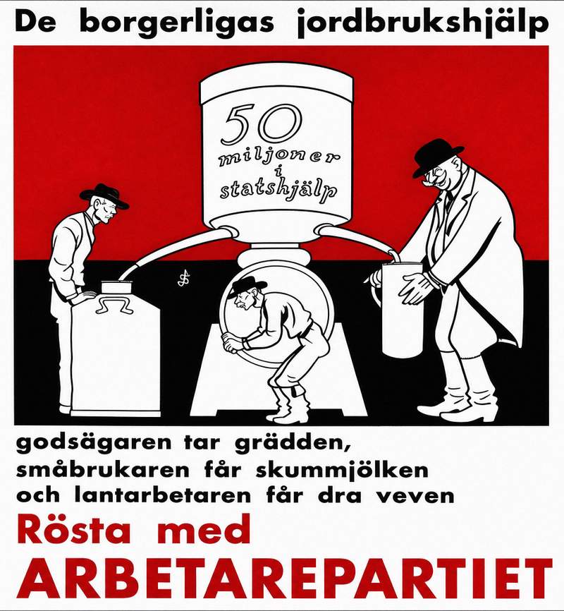 Valaffisch för Socialdemokraterna, 1932. ”De borgerligas jordbrukshjälp”.
