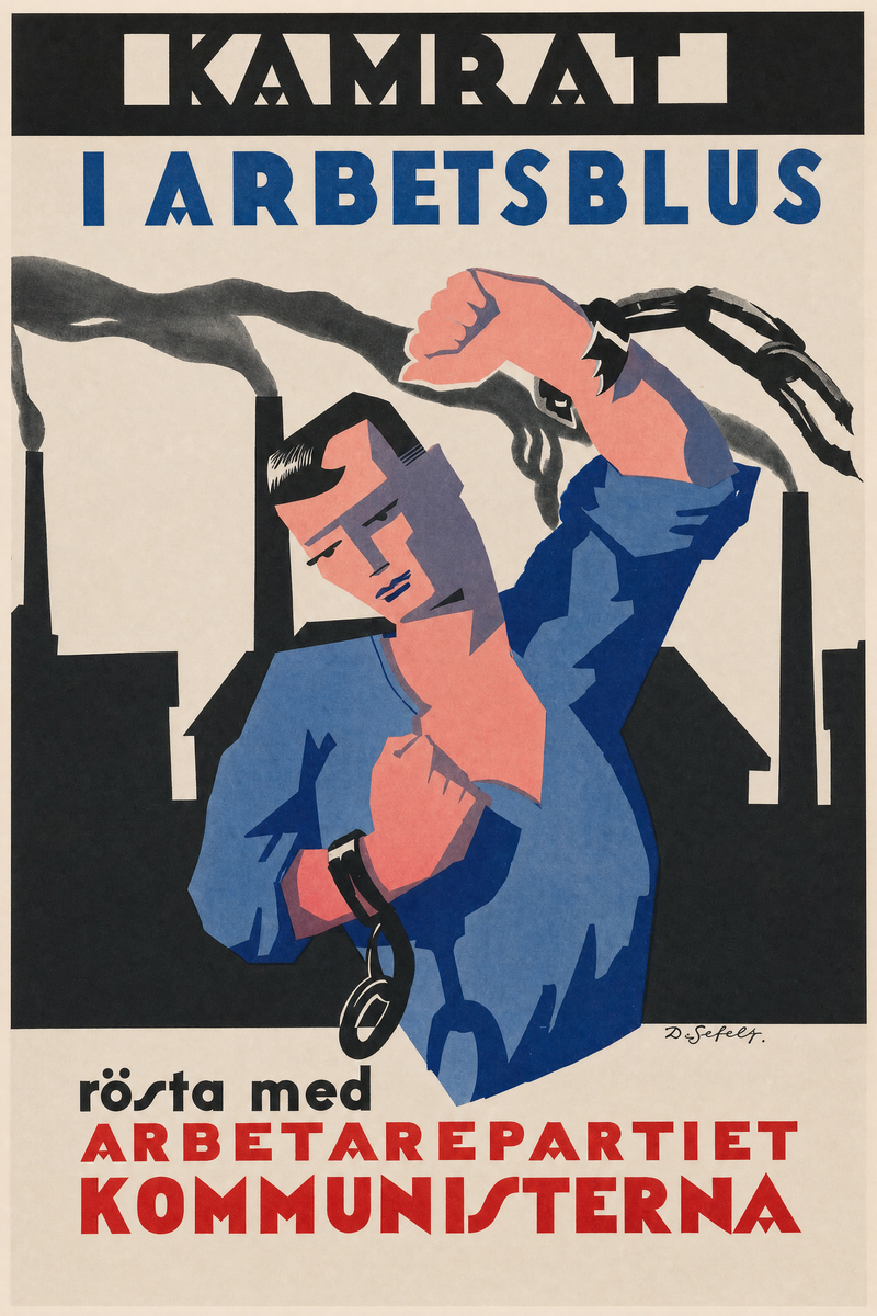 Valaffisch för Socialistiska partiet, 1932. ”Kamrat i arbetsblus”. Av Axel Sjöberg.