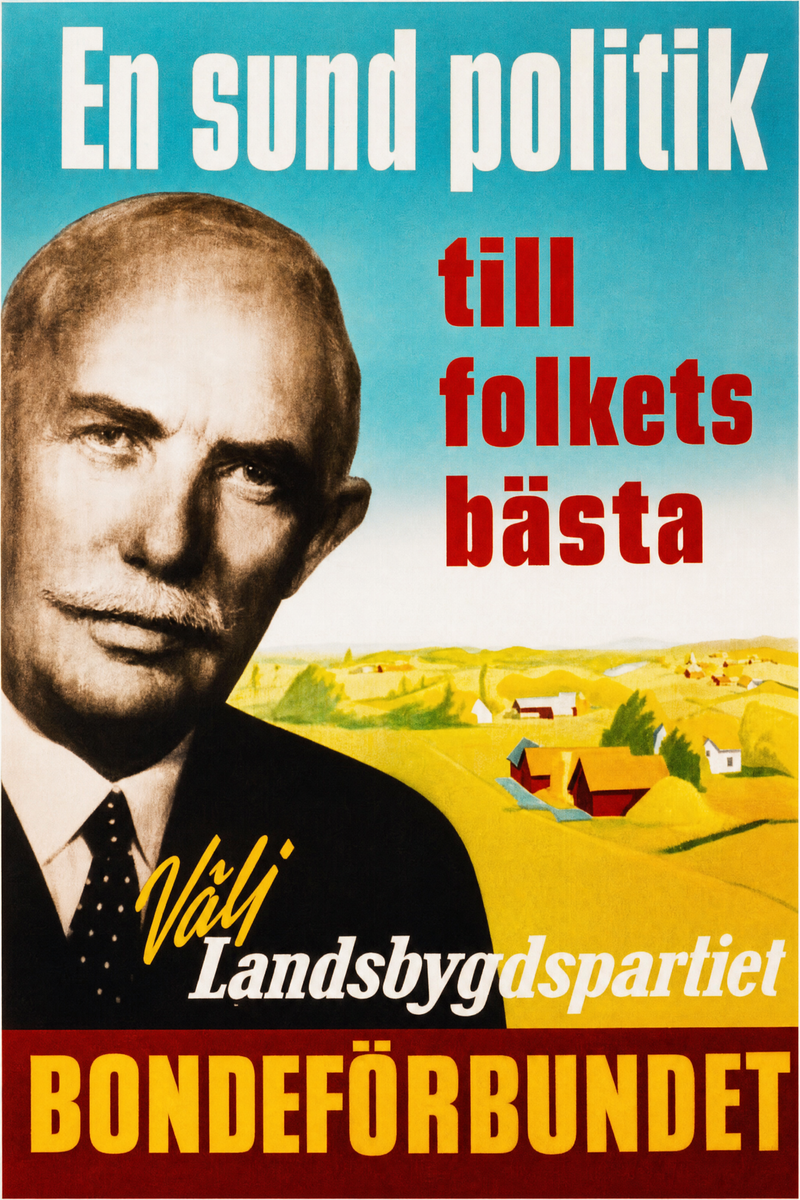 Valaffisch för Bondeförbundet, 1936. ”En sund politik till folkets bästa”.