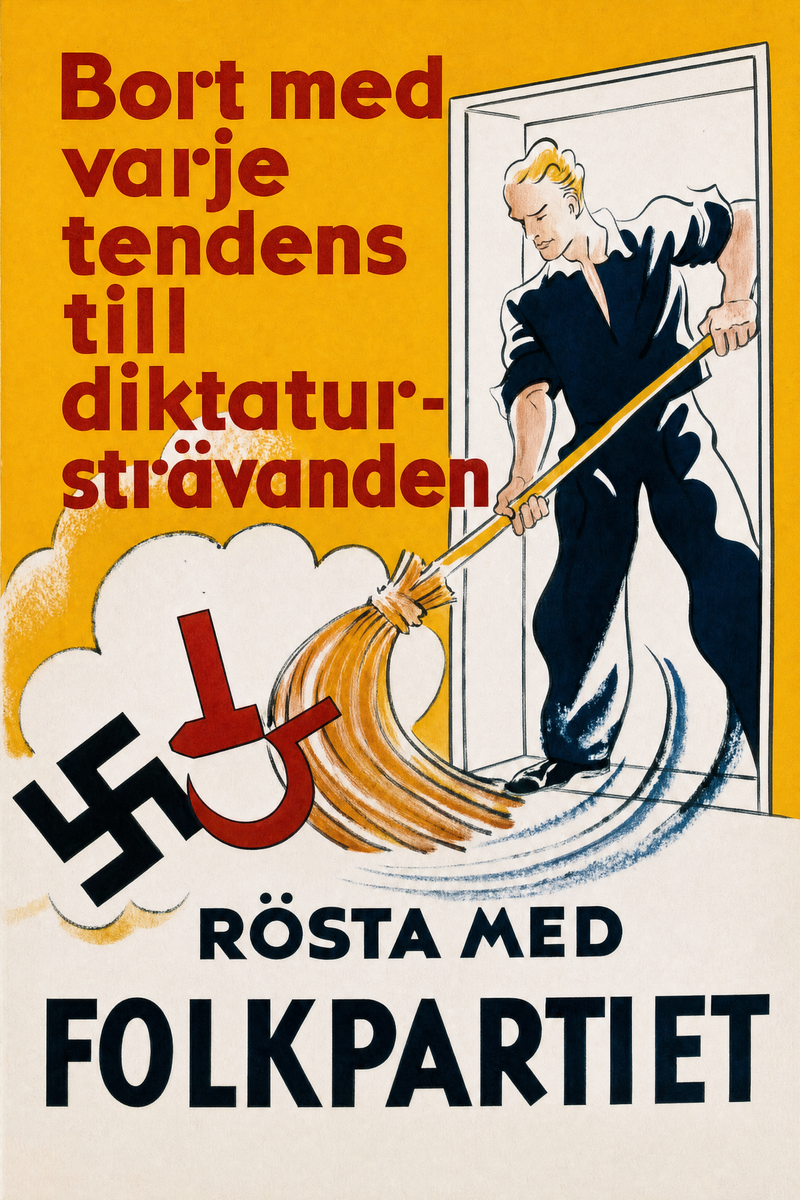 Valaffisch för Folkpartiet, 1936. ”Bort med varje tendens till diktatursträvanden”.