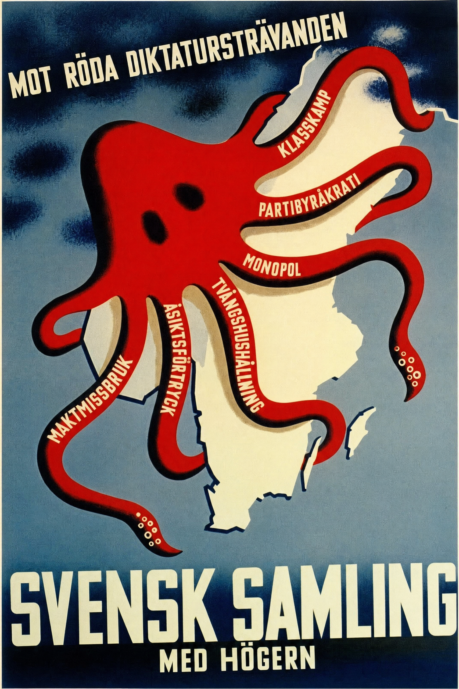 Valaffisch för Allmänna valmansförbundet, 1936. ”Mot röda diktatursträvanden – Svensk Samling med Högern”.
