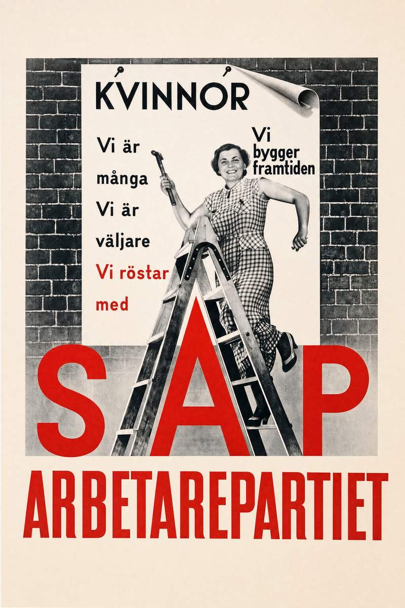 Valaffisch för Socialdemokraterna, 1936. ”Kvinnor – Vi bygger framtiden”.