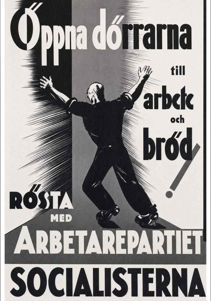 Valaffisch för Socialistiska partiet, 1936. ”Rösta med Arbetarepartiet Socialisterna”. Av Axel Pettersson.