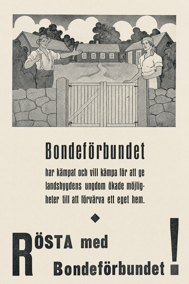 Valaffisch för Bondeförbundet, 1940. ”Rösta med Bondeförbundet!”.