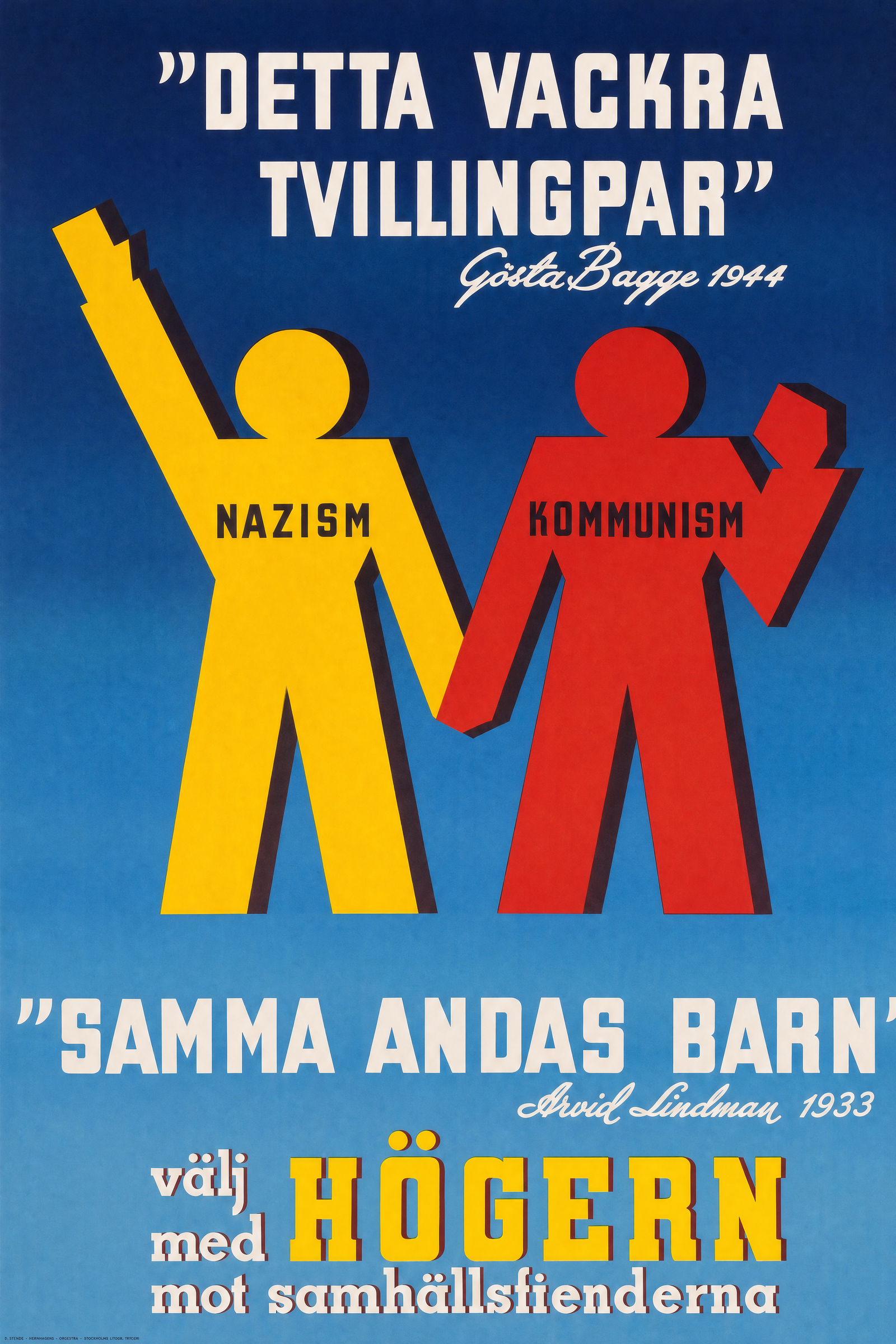 Valaffisch för Högerpartiet, 1944. ”välj med HÖGERN mot samhällsfienderna”.