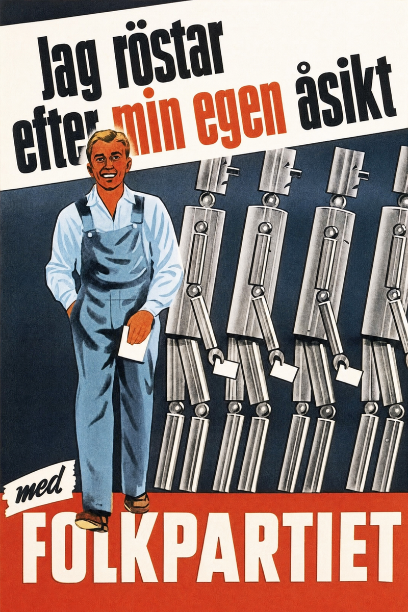 Valaffisch för Folkpartiet, 1948. ”Jag röstar efter min egen åsikt”.