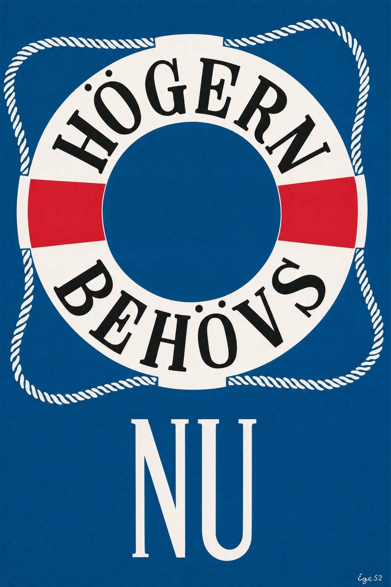 Valaffisch för Högerpartiet, 1952. ”Högern behövs nu”. Av Ege.