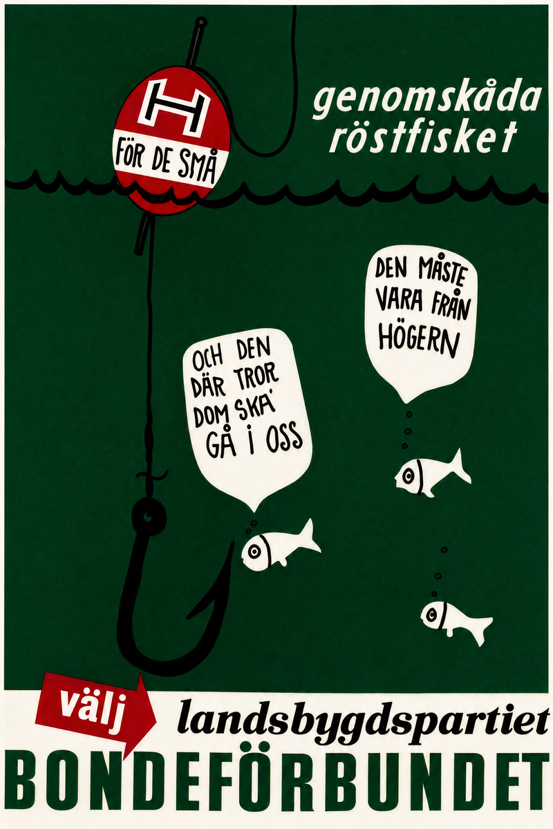 Valaffisch för Bondeförbundet, 1956. ”genomskåda röstfisket”.
