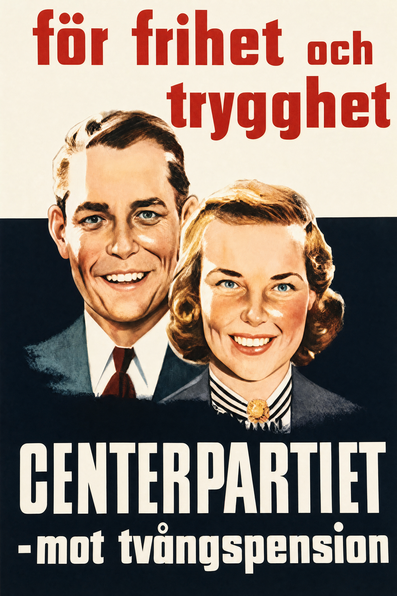 Valaffisch för Centerpartiet, 1958. ”för frihet och trygghet”.