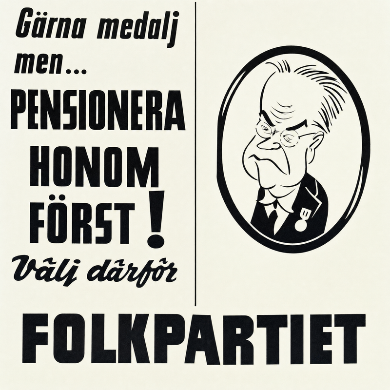 Valaffisch för Folkpartiet, 1958. ”Gärna medalj men... PENSIONERA HONOM FÖRST!”.