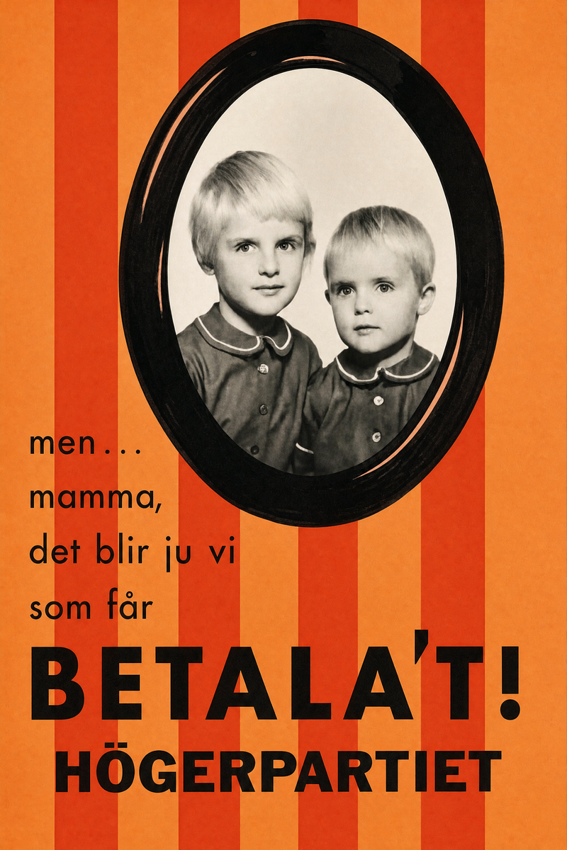 Valaffisch för Högerpartiet, 1958. ”men... mamma, det blir ju vi som får BETALA'T!”.