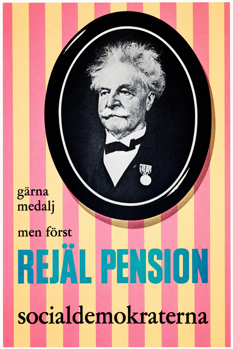 Valaffisch för Socialdemokraterna, 1958. ”gärna medalj men först REJÄL PENSION”.