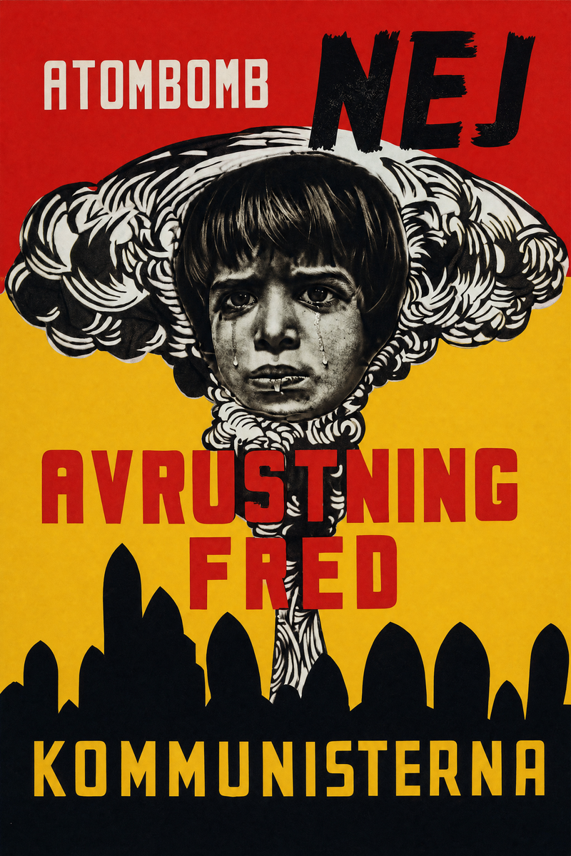 Valaffisch för SKP, 1958. ”ATOMBOMB NEJ – AVRUSTNING FRED”.