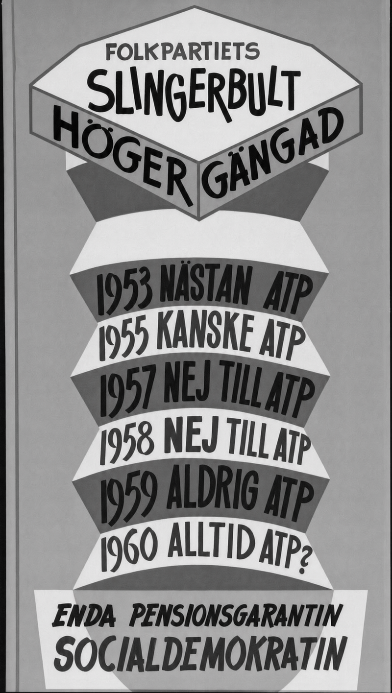 Valaffisch för Socialdemokraterna, 1960. ”Enda pensionsgarantin Socialdemokratin”.
