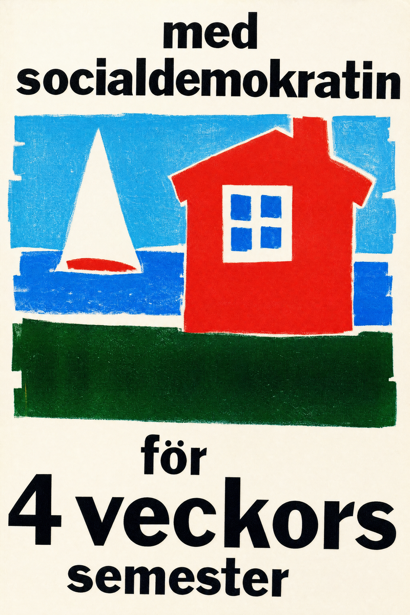 Valaffisch för Socialdemokraterna, 1960. ”med socialdemokratin för 4 veckors semester”.