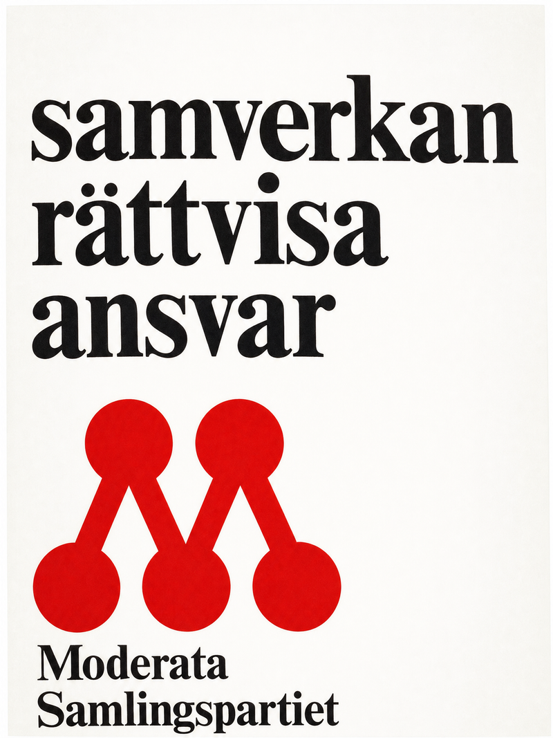 Valaffisch för Moderaterna, 1970. ”samverkan rättvisa ansvar”.