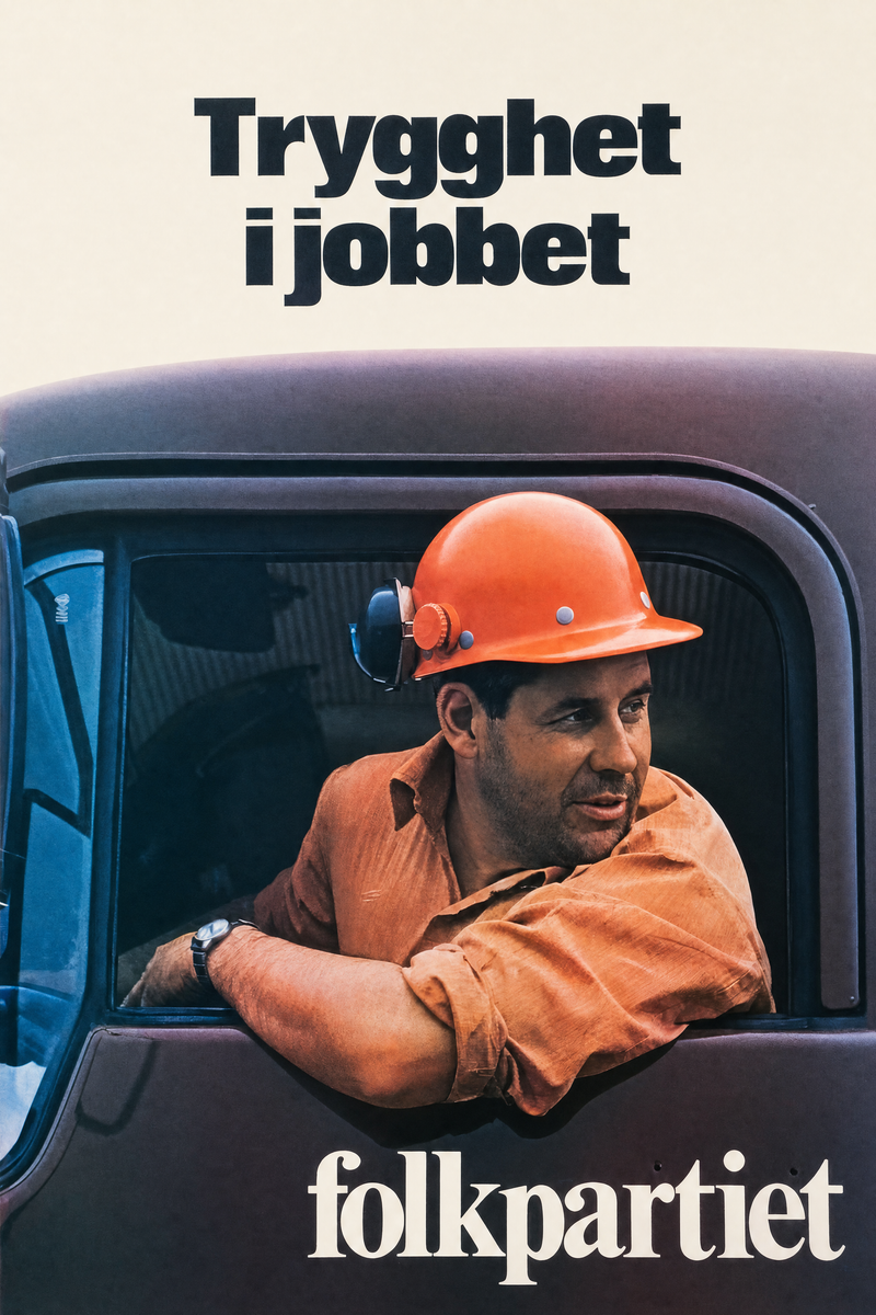 Valaffisch för Folkpartiet, 1973. ”Trygghet i jobbet”.