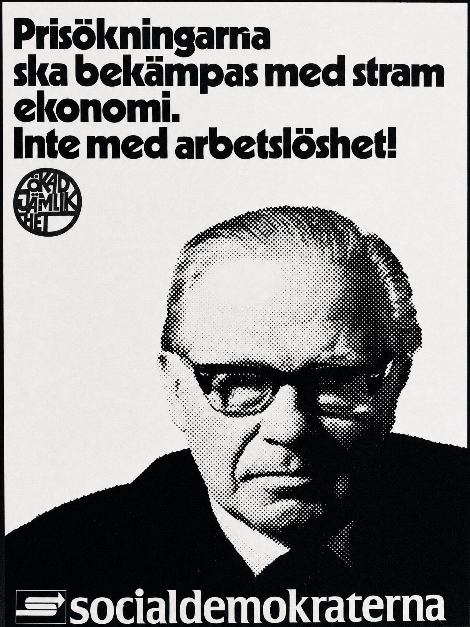 Valaffisch för Socialdemokraterna, 1973. ”Prisökningarna ska bekämpas med stram ekonomi. Inte med arbetslöshet!”.