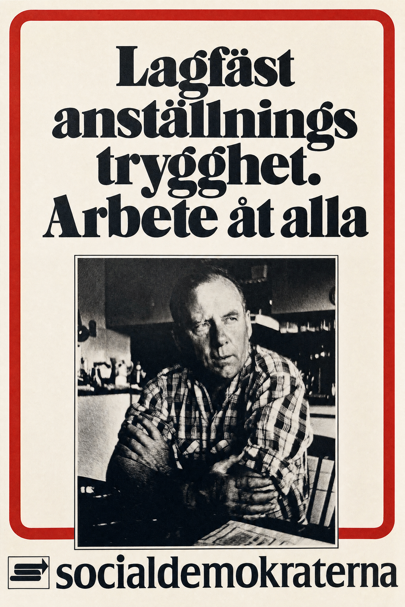 Valaffisch för Socialdemokraterna, 1973. ”Lagfäst anställningstrygghet. Arbete åt alla”.