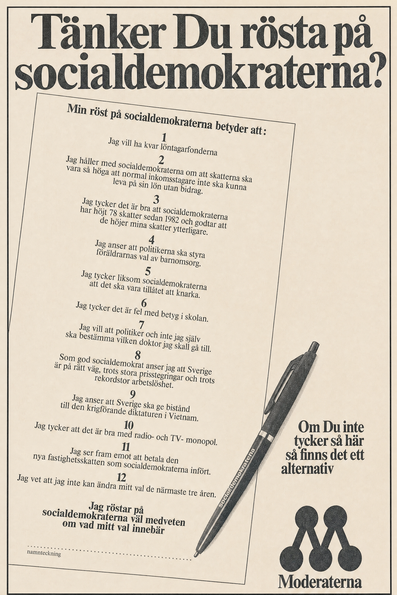 Valaffisch för Moderaterna, 1985. ”Tänker Du rösta på socialdemokraterna?”.