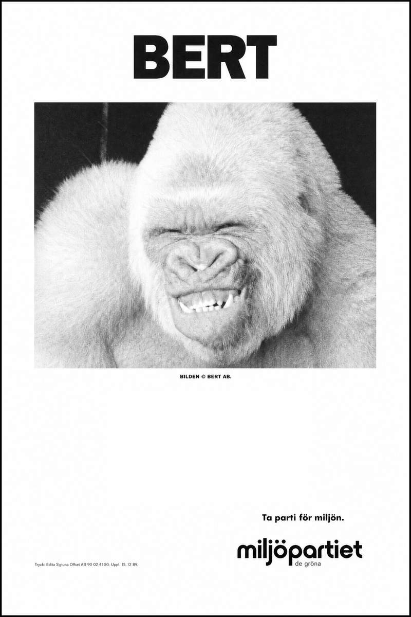 Valaffisch för Miljöpartiet, 1991. ”Ta parti för miljön.”.