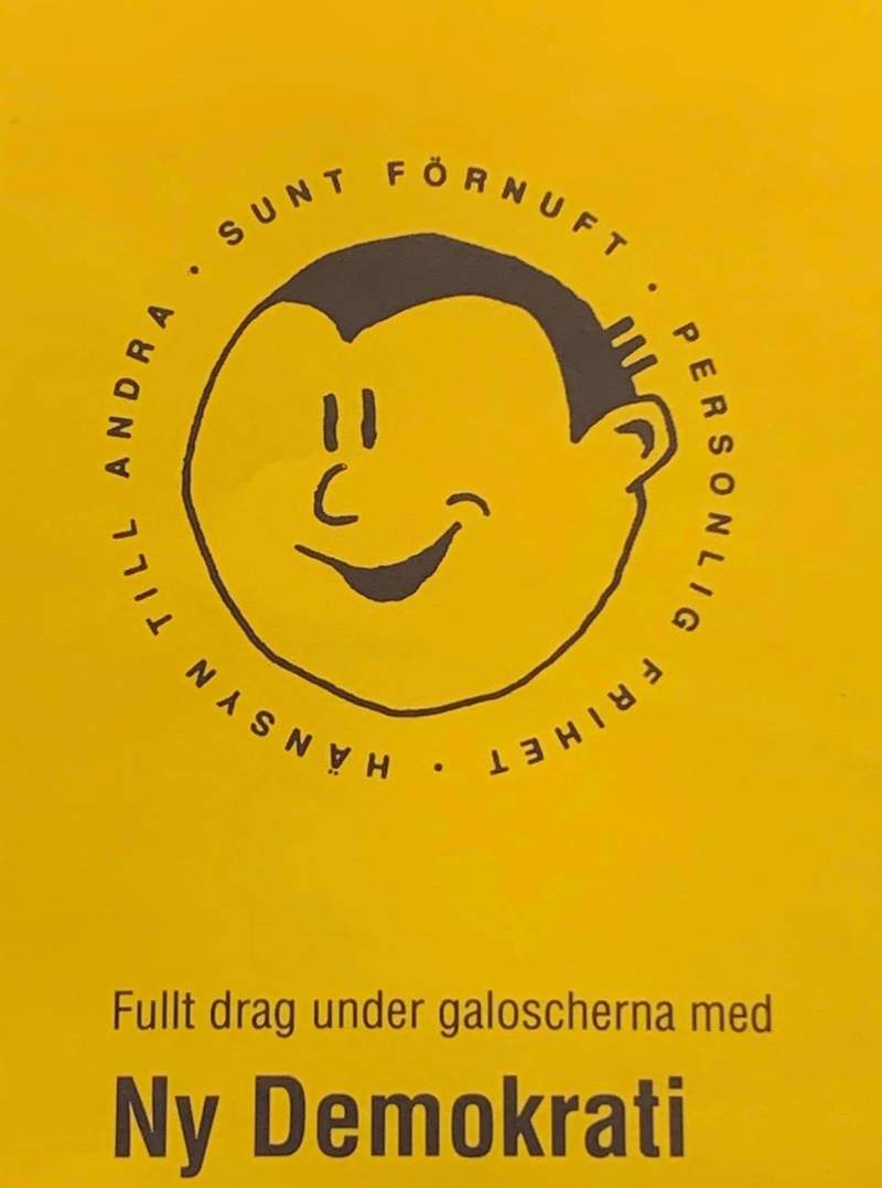 Valaffisch för Ny Demokrati, 1991. ”Fullt drag under galoscherna med Ny Demokrati”.