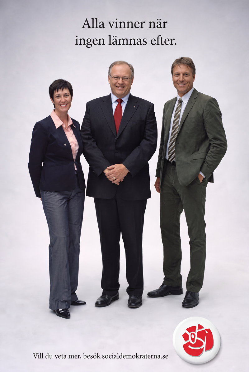 Valaffisch för Socialdemokraterna, 2006. ”Alla vinner när ingen lämnas efter.”.