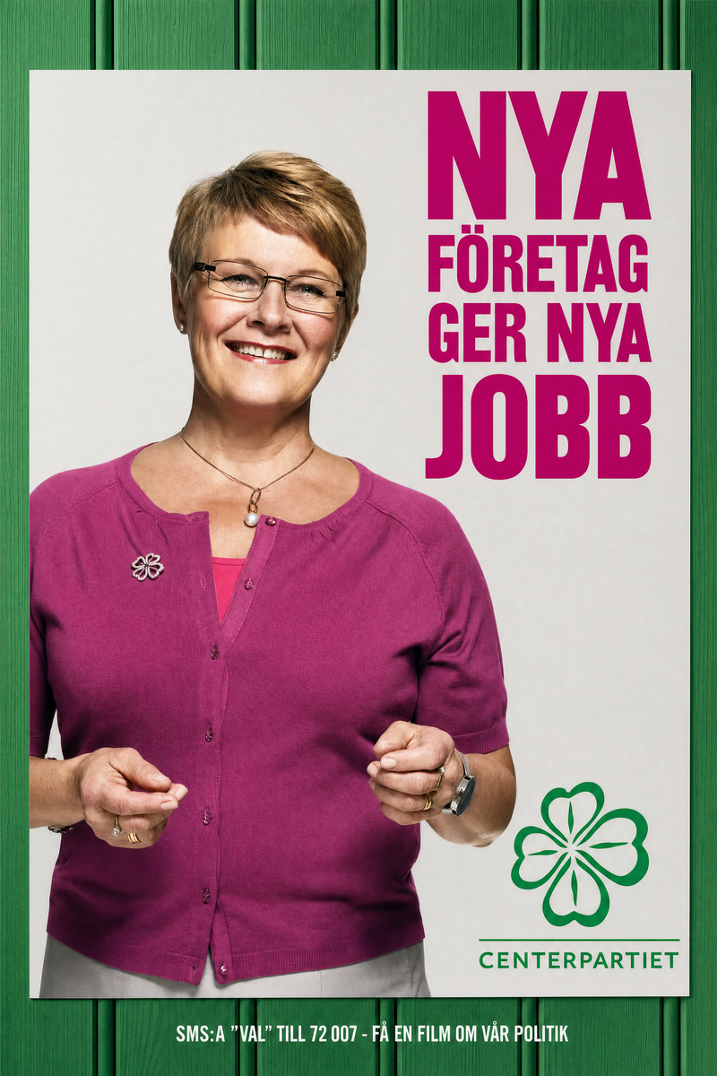 Valaffisch för Centerpartiet, 2010. ”Nya företag ger nya jobb”.