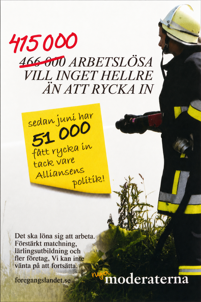Valaffisch för Moderaterna, 2010. ”415 000 ARBETSLÖSA VILL INGET HELLRE ÄN ATT RYCKA IN”.