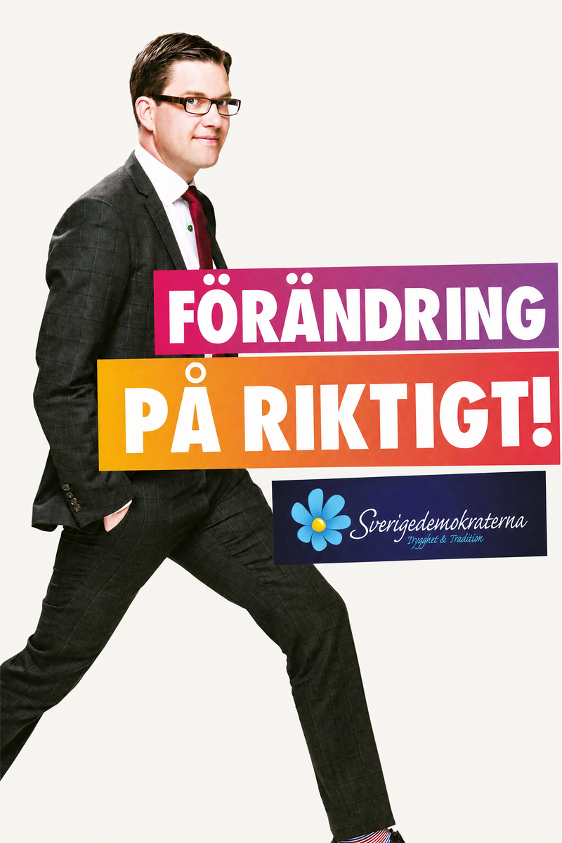 Valaffisch för Sverigedemokraterna, 2014. ”Förändring på riktigt!”.