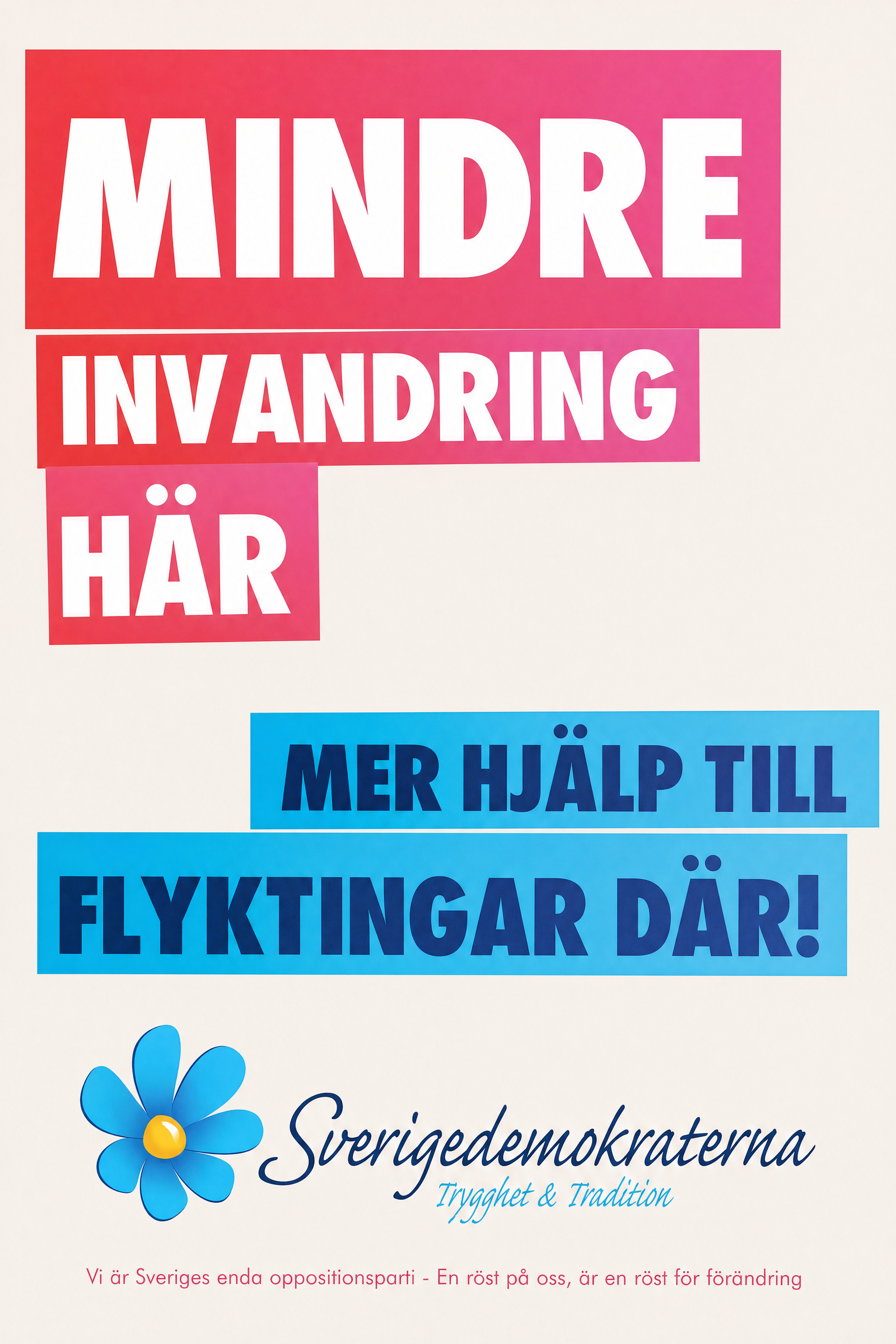 Valaffisch för Sverigedemokraterna, 2014. ”Mindre invandring här – Mer hjälp till flyktingar där!”.