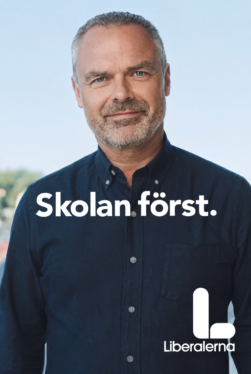 Valaffisch för Liberalerna, 2018. ”Skolan först.”.