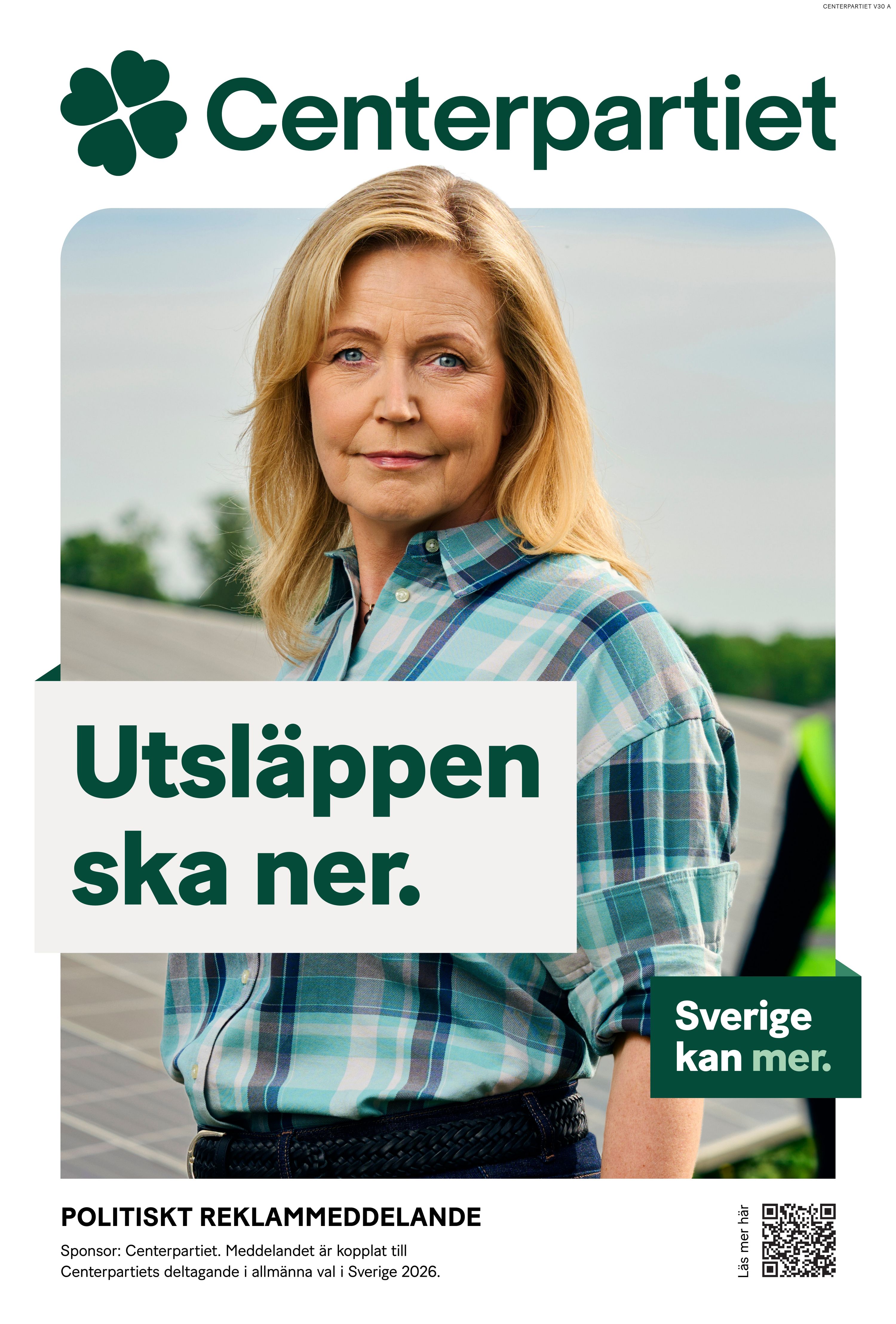 Valaffisch för Centerpartiet, 2026. ”Utsläppen ska ner.”.