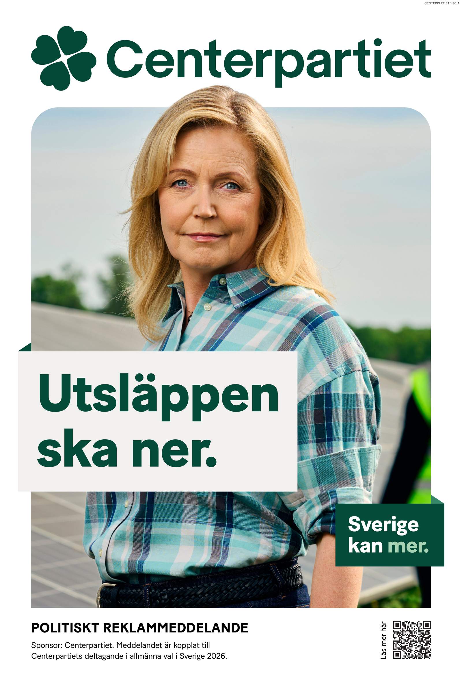 Valaffisch för Centerpartiet, 2026. ”Utsläppen ska ner.”.