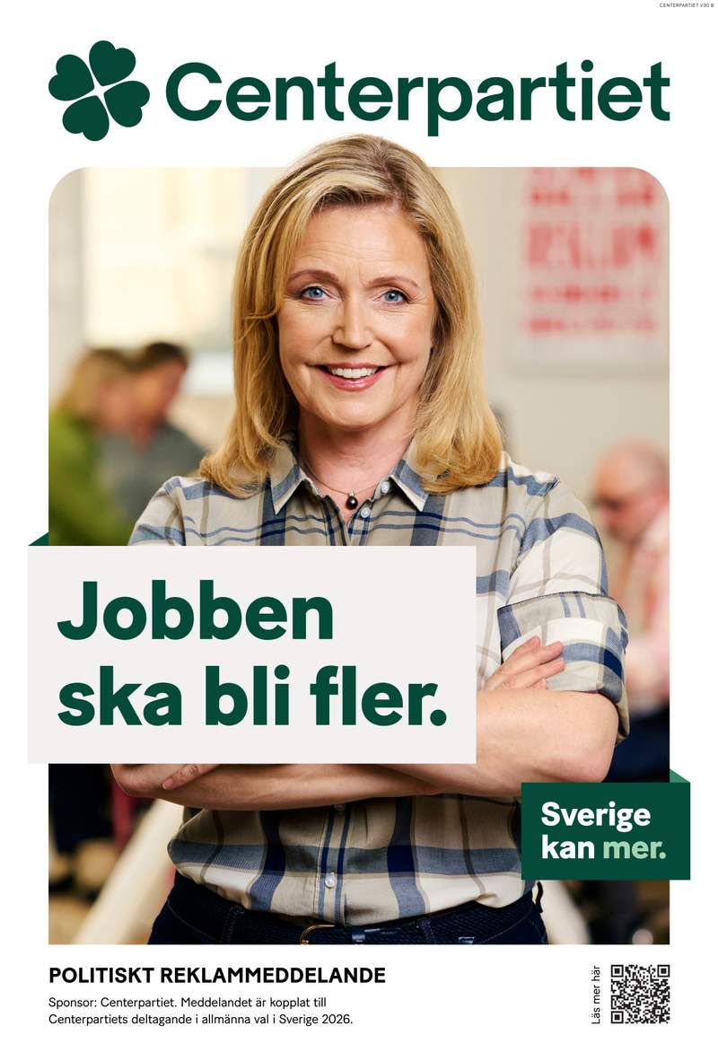 Valaffisch för Centerpartiet, 2026. ”Jobben ska bli fler.”.
